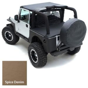 SmittyBilt Tonneau Cover With Factory Soft Top Bow Folded Down In Spice Denim For 1992-95 Jeep Wrangler YJ 721017
