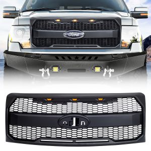 AMERICAN MODIFIED Raptor Style Grille w/ Amber Lights& Emblem Holder, Matte Black for 09-25 Ford F-150 AMFMAA00159